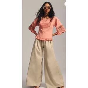 Anthro Tiny Sonoma Coral Boho Blouse XL Crochet Lace Ruffle Sleeve Peplum Top